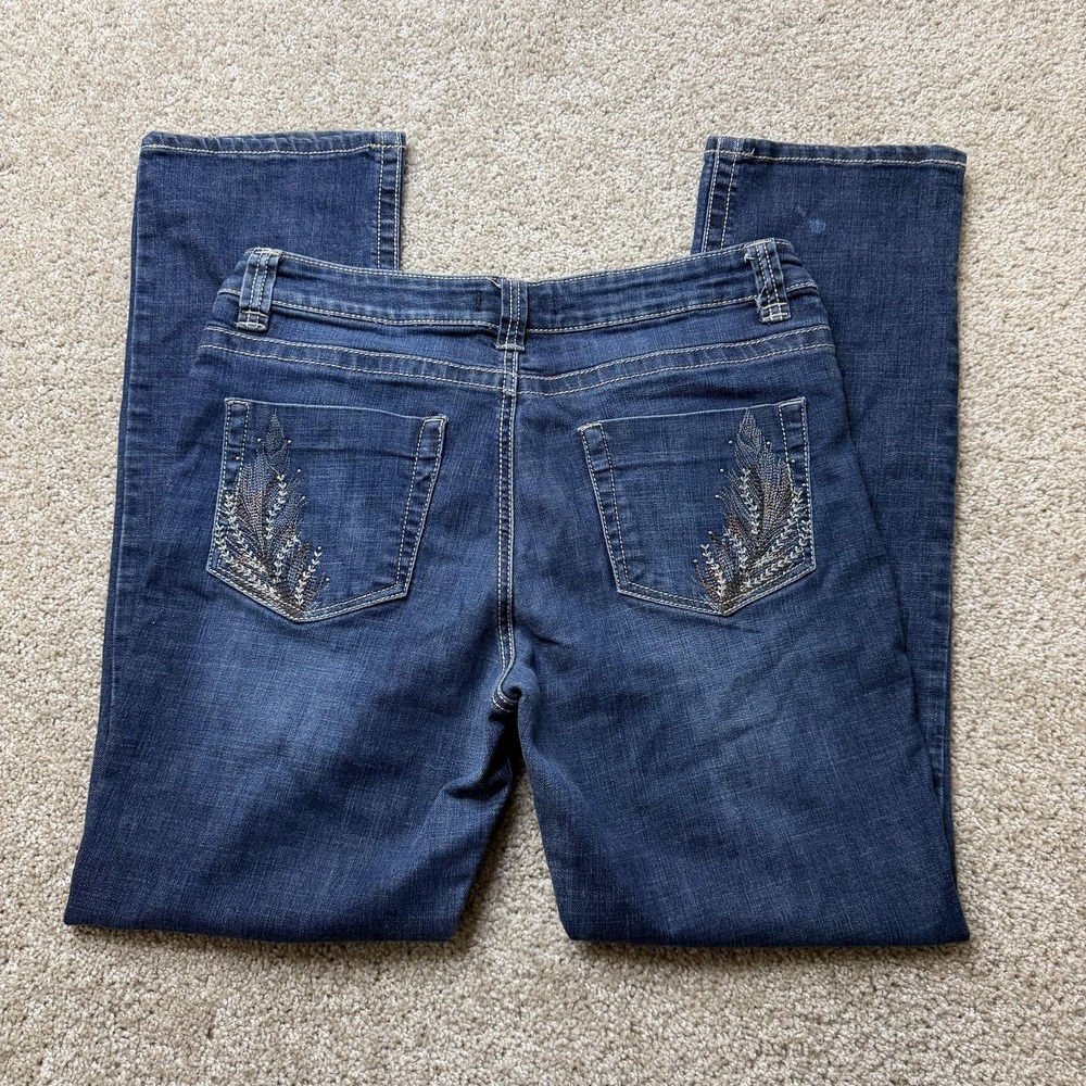 Lee Platinum Label Straight Jeans Womens 14 Med Wash Blue Embroidered Rhinestone